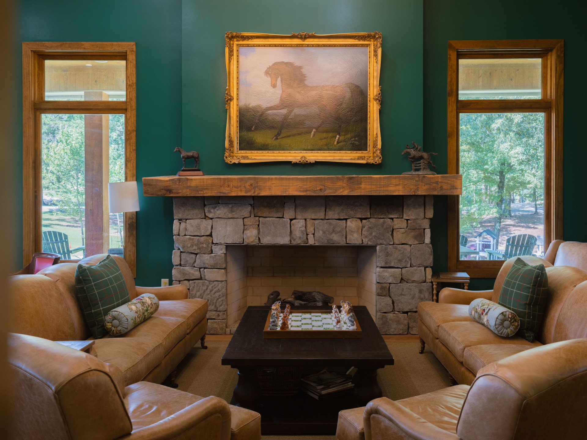 The lodge lounge with stone fireplace