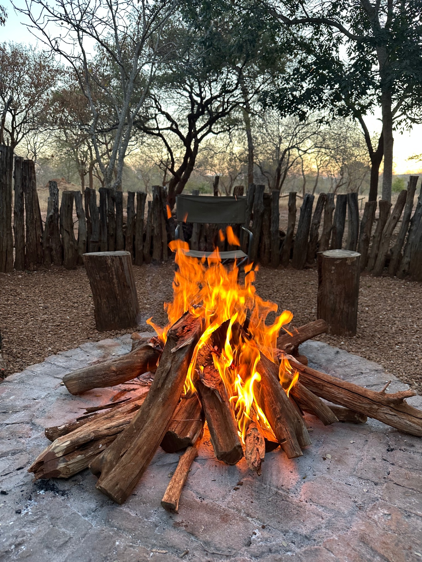 Campfire burning at dusk in a Southern outdoor camp
