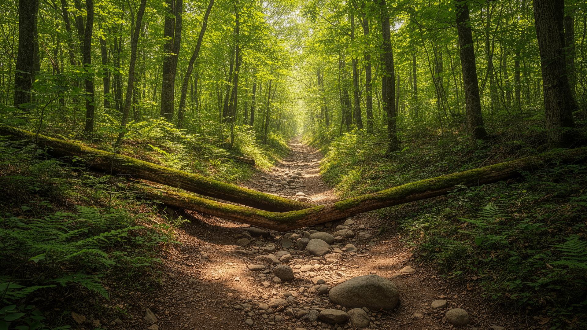 A sunlit narrow forest trail with scattered rocks and a couple of mossy fallen logs near the path