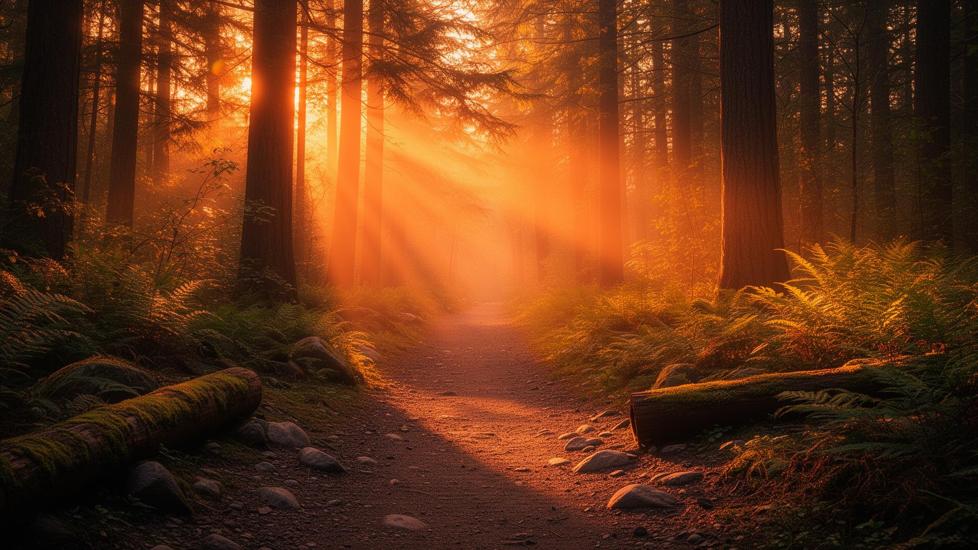 The same forest trail at sunrise — warm golden light streaming through the trees, path open ahead